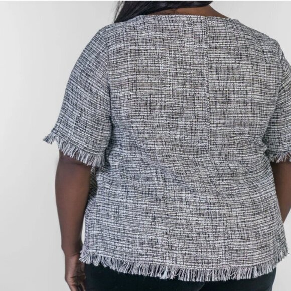Maree Pour Toi Tweed Fringe Blouse Plus Black White NWT Workwear Business Top - Picture 4 of 13